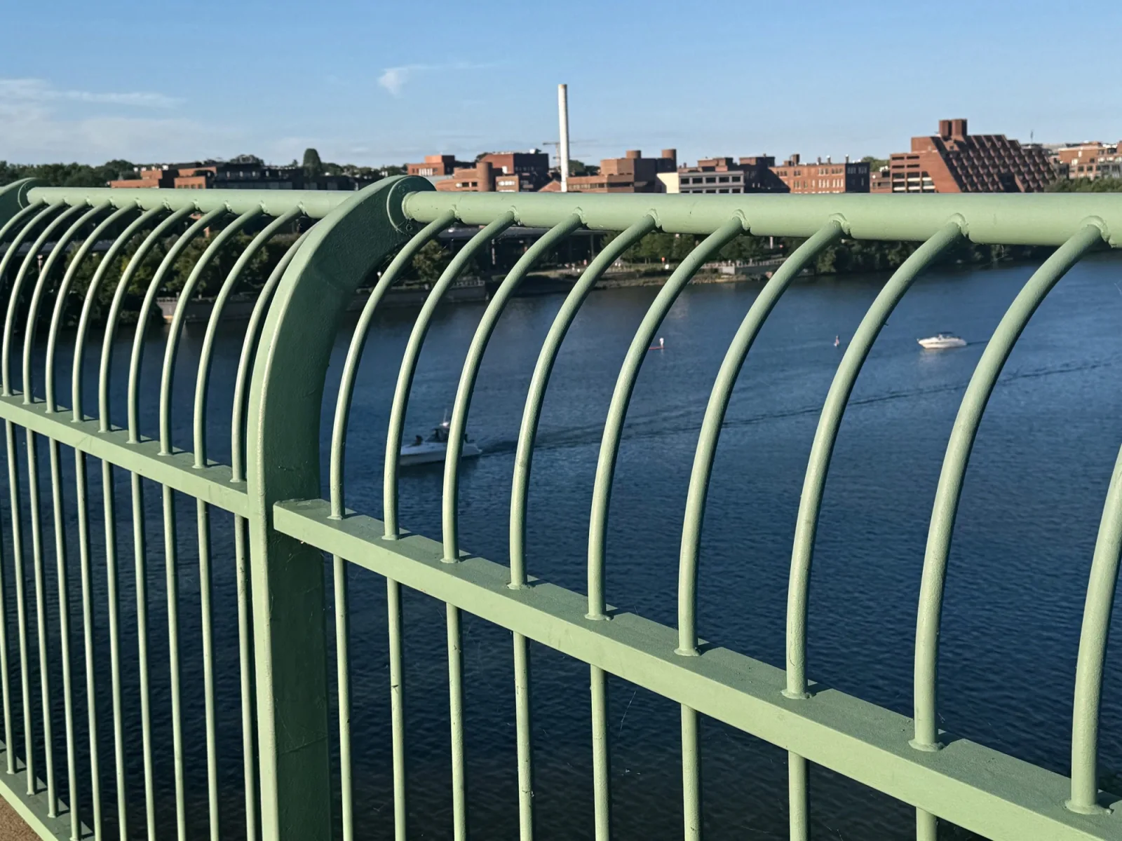 The bridge's ornate cast-iron railing in its signature green, curving along the deck above the Potomac with Georgetown beyond