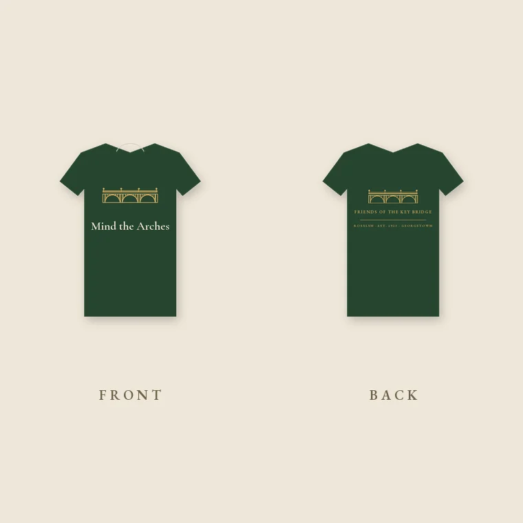 Forest-green tee — front reads 'Mind the Arches', back carries the Friends of the Key Bridge mark