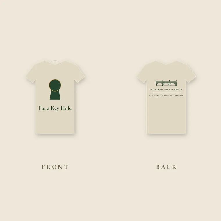 Oatmeal tee — front reads 'I'm a Key Hole', back carries the Friends of the Key Bridge mark