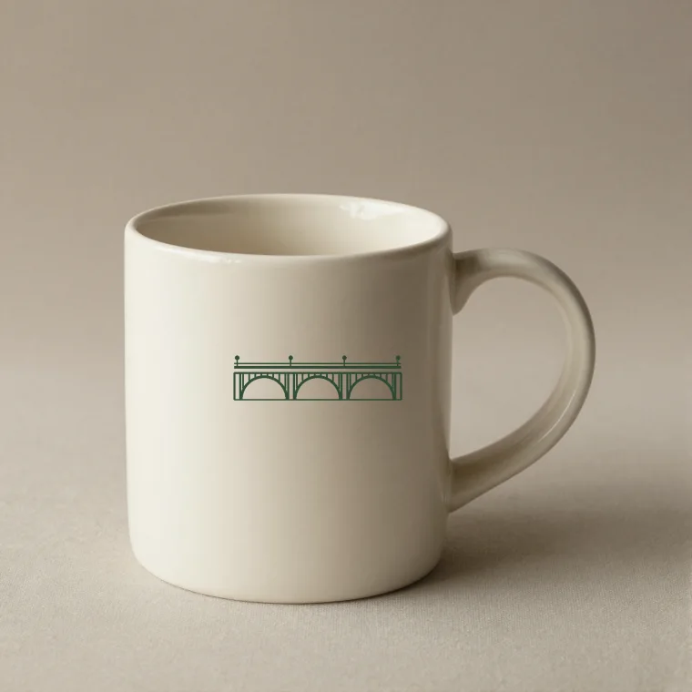 Cream stoneware mug with the gold bridge crest