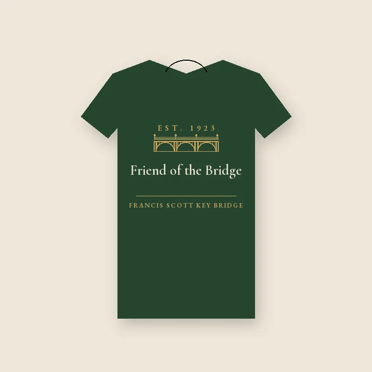 Forest-green tee with the gold bridge crest and 'Friend of the Bridge'